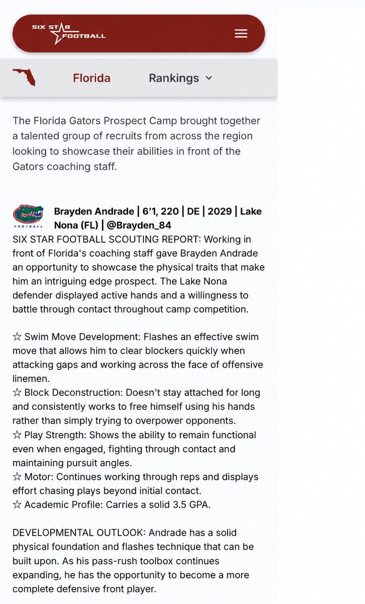 Brayden_84's tweet photo. Thank you so much @sixstarfootball for the article and @GatorsFB for having me and teaching me new things can’t wait to come back again.

@Coach__Reese 
@CoachPattersonJ 
@coachstjohn500 
@daubrey52 https://t.co/7E7pkiMMOz