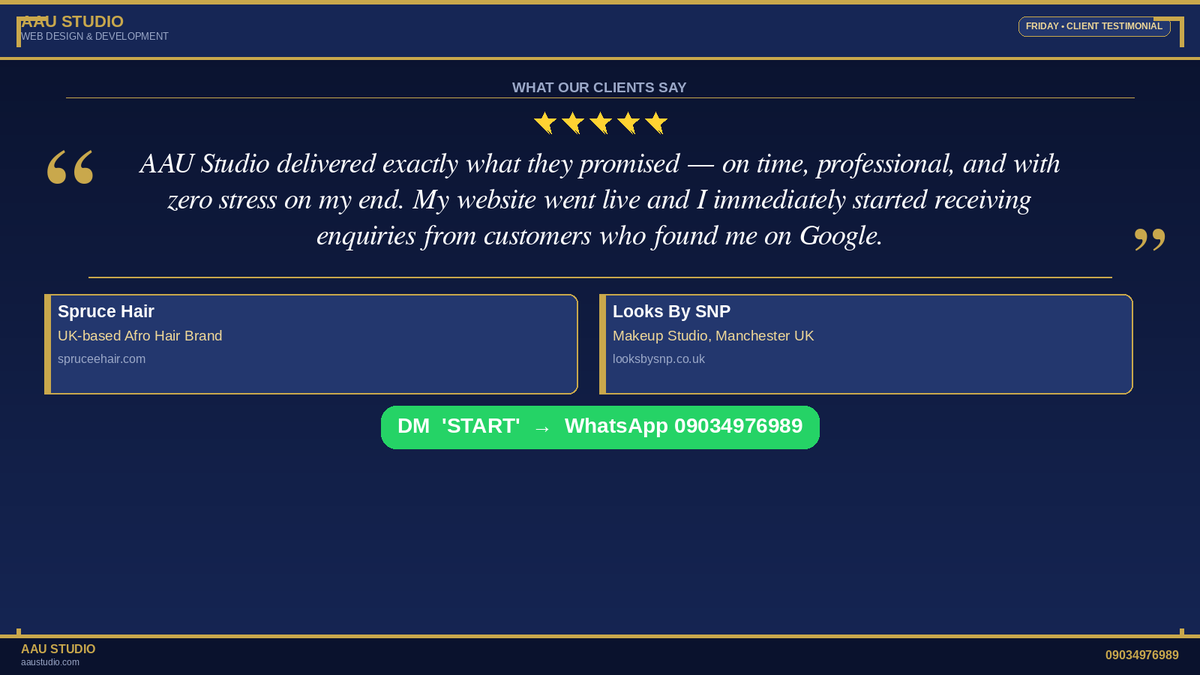 AAUStudio_'s tweet photo. "Zero stress. On time. Enquiries from Google from day one."
That's the Spruce Hair / Looks By SNP experience with AAU Studio.

Ready for yours? DM 'START' → https://t.co/6LI8JbcAZv
#AAUStudio #ClientTestimonial #WebDesignNigeria https://t.co/Mei0dg29ss