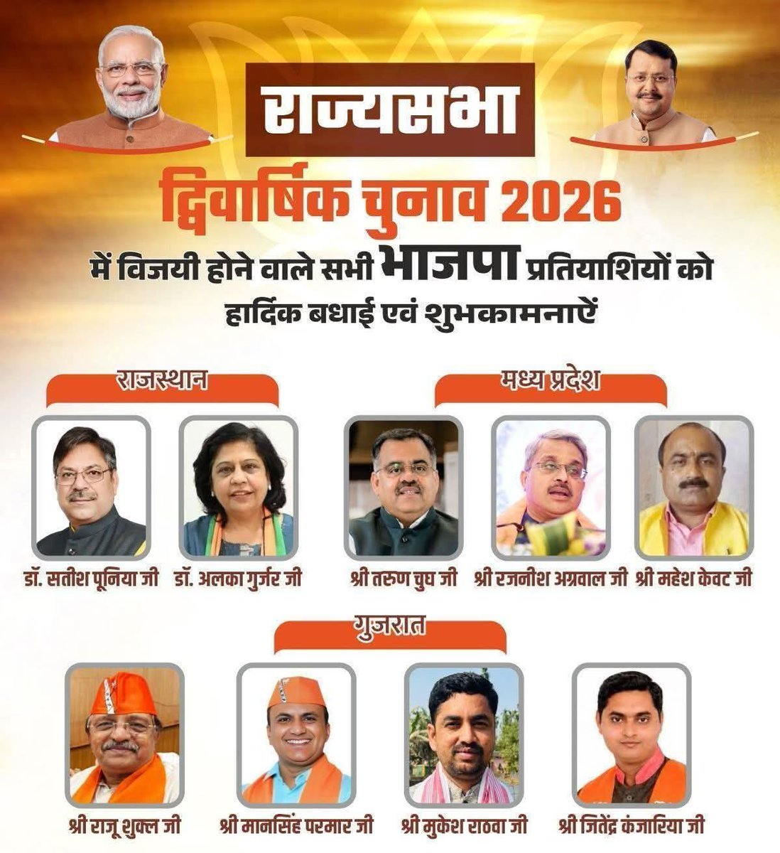 BjpRajora's tweet photo. राज्यसभा के लिए निर्वाचित सभी माननीय सदस्यों को हार्दिक बधाई एवं शुभकामनाएं। 💐
ईश्वर से प्रार्थना है कि आप सभी राष्ट्रहित एवं जनसेवा के लिए समर्पित भाव से कार्य करें तथा देश की उन्नति में अपना महत्वपूर्ण योगदान दें। 🙏🇮🇳
@BJP4India https://t.co/fY8h2Olp9E