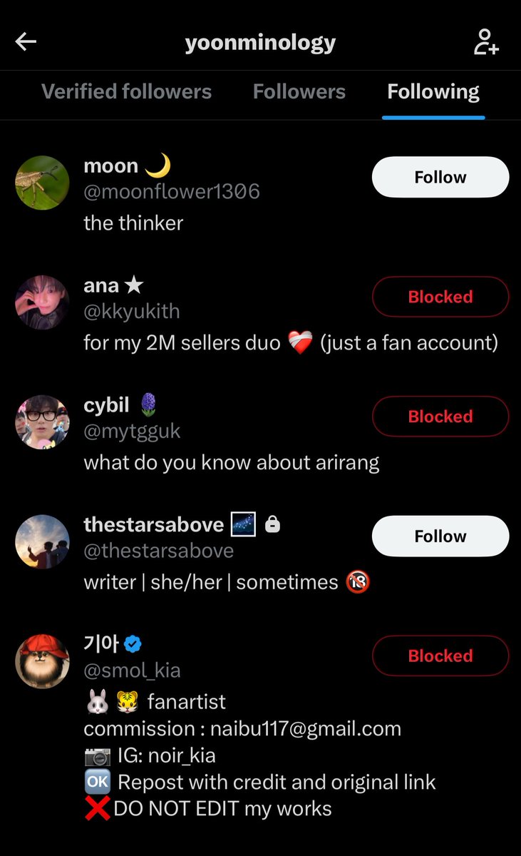 billiondu0's tweet photo. @bubyjeongguk @ace_duo45097 @sunmoongoes @KMREPORTS @hdlssbrnss @idyllicsoullll @nocturnehelli “Following one person who is a huge tk acc and made anti Jm comm years ago” and how is that an excuse? And why are u lying about them following only, when this is her following list? https://t.co/Fwqb539z0u