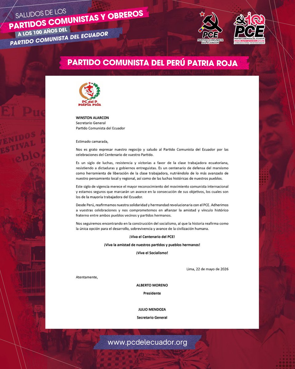 PCdelEcuador's tweet photo. El Partido Comunista del Perú Patria Roja nos envía un fraterno saludo revolucionario por nuestros 100 años de lucha indomable y resistencia junto a la clase trabajadora ecuatoriana #PCE100años #PatriaRoja #PCPPR #PartidoComunistaEcuador #Socialismo #SolidaridadInternacionalista https://t.co/uyAKTLghui