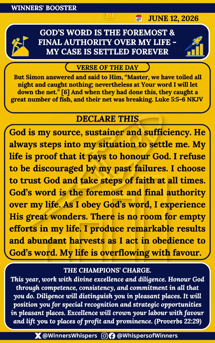 WinnersWhispers's tweet photo. Declare this:

God is my source, sustainer and sufficiency. He always steps into my situation to settle me. My life is proof that it pays to honour God. I refuse to be discouraged by my past failures. I choose to trust God and take steps of faith at all times.  

God’s word is the foremost and final authority over my life. As I obey God’s word, I experience His great wonders. There is no room for empty efforts in my life. I produce remarkable results and abundant harvests as I act in obedience to God’s word. My life is overflowing with favour.

#WhispersofWinners