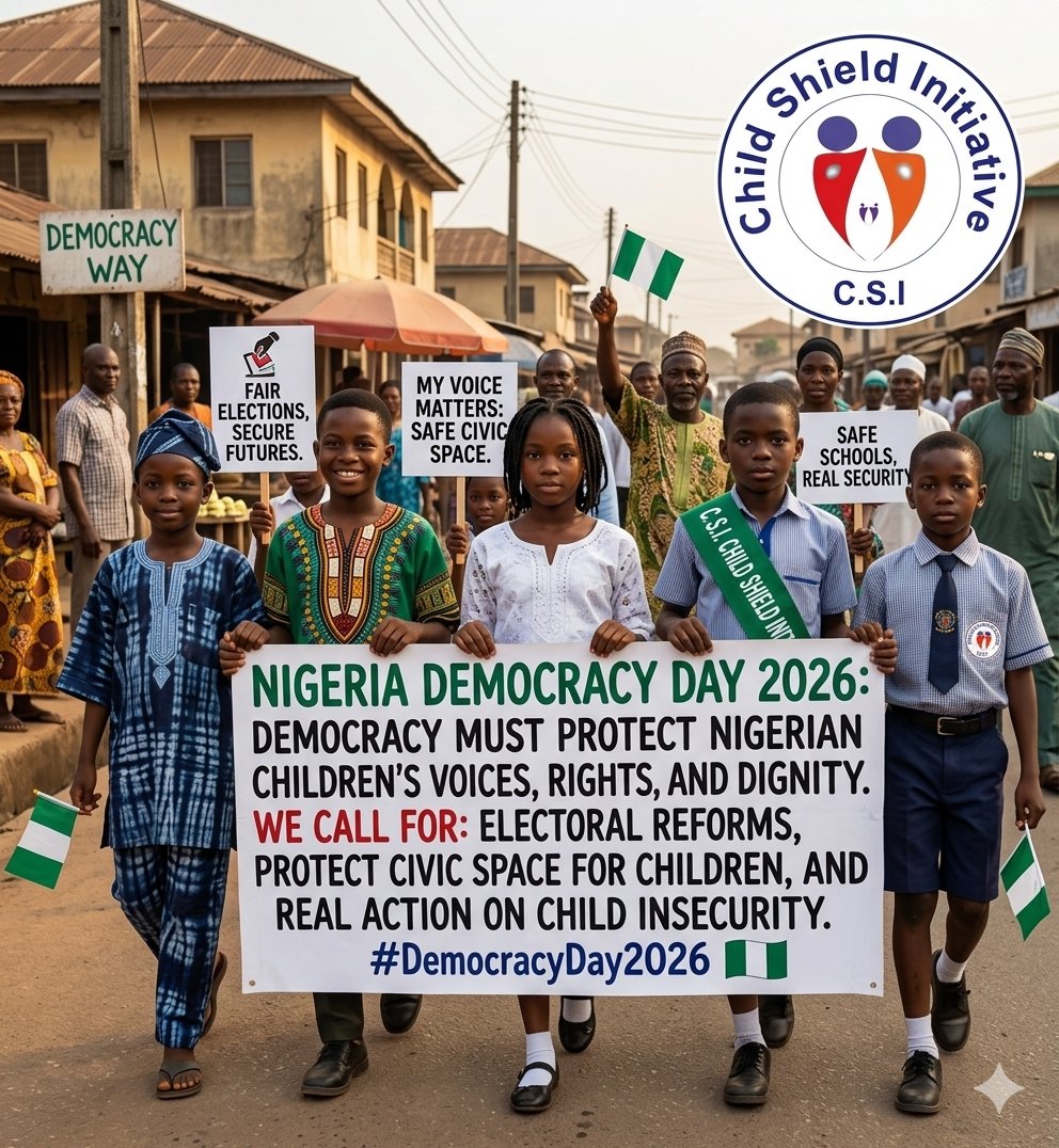shield_child's tweet photo. 🇳🇬 Democracy is strongest when every child is safe, heard, and protected.

This #DemocracyDay2026 Child Shield Initiative calls for expanded civic space for children, stronger protection against violence and insecurity.
#DemocracyDay2026 #ChildRights #ChildProtection #CivicSpace https://t.co/NmwCSnegaA