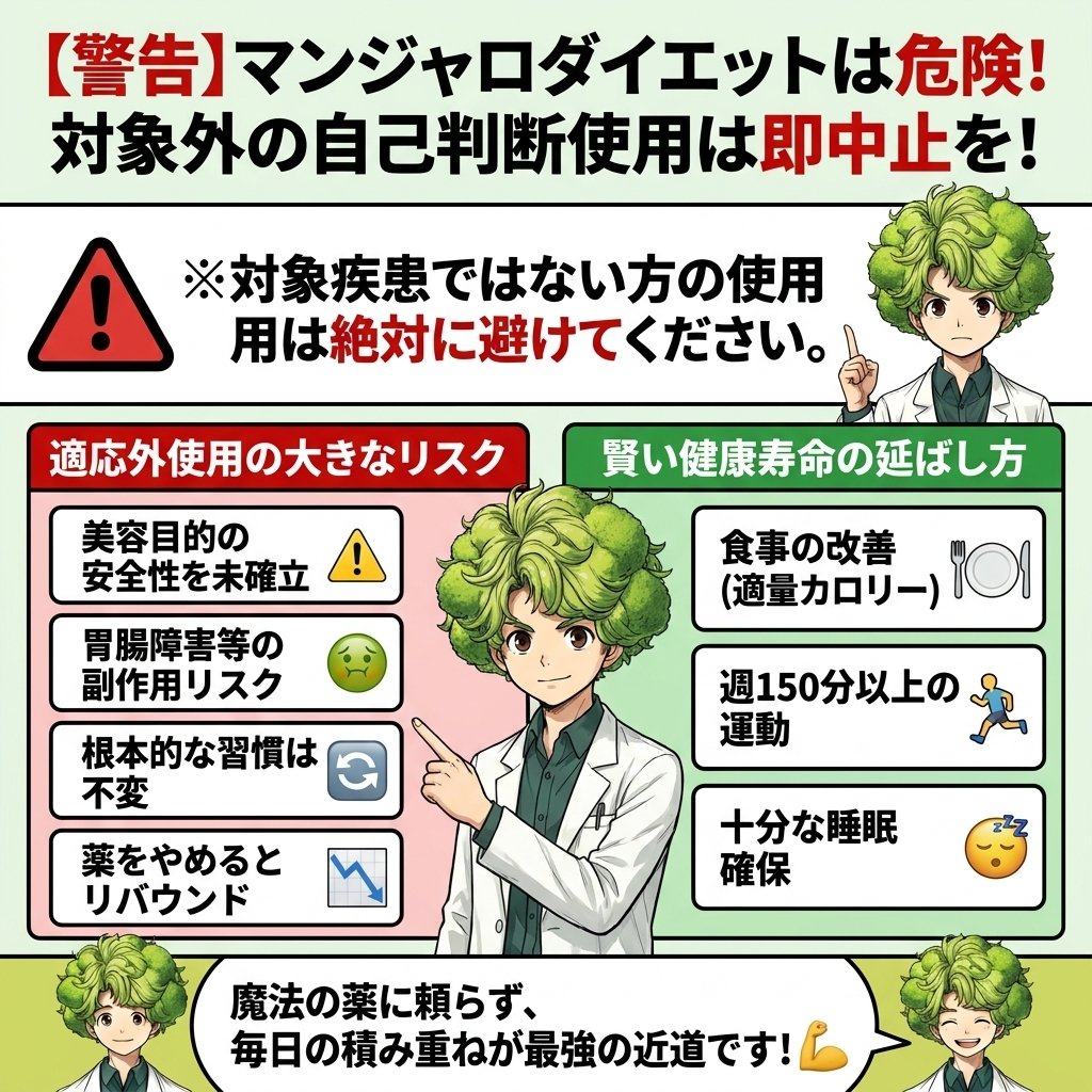 Kenjin_labo's tweet photo. みんな使ってるから大丈夫ではない。

話題のマンジャロダイエット。
対象疾患でない方の自己判断での
使用は今すぐやめてください❗️

👇️適応外使用をおすすめしない理由👇️
・美容目的の安全性は未確立
・胃腸障害などの副作用リスク
・根本的な生活習慣は変わらない
・薬をやめるとリバウンドしやすい

知ってるわ！と言われそうですが、
結局、一番の近道はコレです。
▶️食事の改善（適切なカロリー）
▶️週150分以上の運動
▶️十分な睡眠の確保

魔法の薬に頼るのではなく
毎日の積み重ねで体は変わります。

食事、運動、睡眠の中で
あなたが一番難しいと感じるのは
どれですか？ぜひ教えてください💪