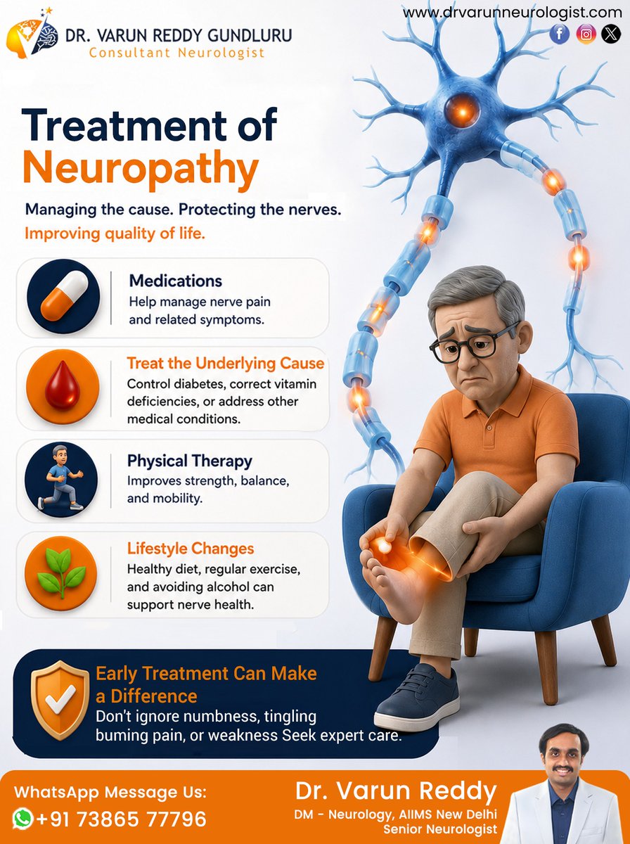 Drvarunneuro's tweet photo. #NeuropathyAwareness
Early #Treatment of #Neuropathy focuses
on managing the underlying cause, protecting #NerveHealth, relieving symptoms, and improving quality of life. #Medications, #PhysicalTherapy, and healthy #LifestyleChanges can make a significant difference. https://t.co/OOumjapcn7