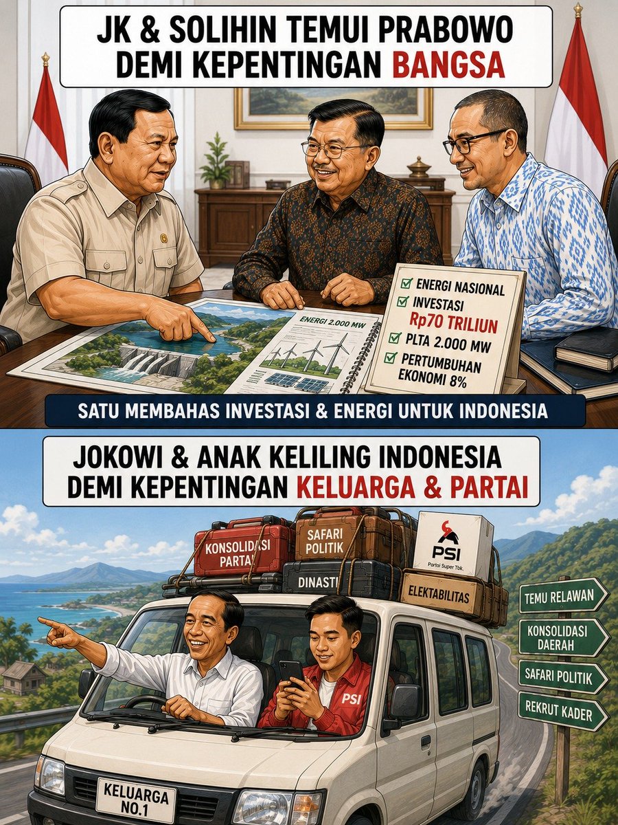 ch_chotimah2's tweet photo. Fakta tapi bikin termul panas.😊

Beda kelas 
@Pak_JK dan anaknya temui presiden Prabowo demi kepentingan bangsa.
@jokowi dan anaknya akan keliling Indonesia demi kepentingan keluarga dan partai. https://t.co/NQXVXjgeYx