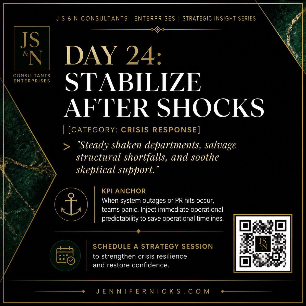 JenniferNicks4's tweet photo. ✅Business owners (franchisees, private equity, entrepreneurs) and 
✅Enterprise leaders (leading departments, districts, large frontline workforces) these tips are for you. Don’t miss out. 

Continuing Day 24 of 30 days of the Strategic Insight Series.

Foundations of worth & alignment- daily tips for business owners and enterprise leaders 

Forward to someone who can benefit.

Scan the QR code to schedule a strategy session 

#Leadership  #Crisis
#Operations  #Outages