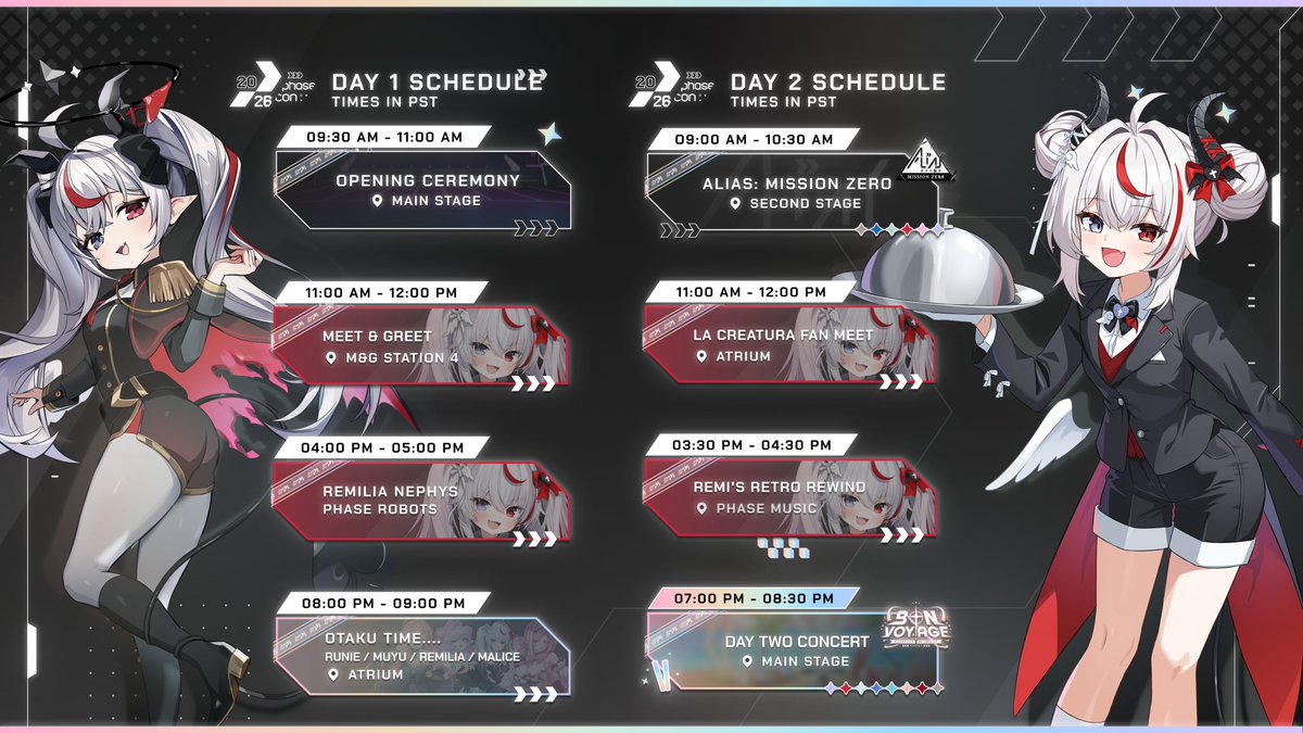 Remilia_Nephys's tweet photo. !!! PHASE CON SCHEDULE !!!
Don't forget to plan your times to meet la creatura darkness your overlord! Can't believe it's PHASE WEEKEND!
Please take lots of pictures and put in #PhaseCon2026 #Wemi so we can go through them together after the stream!
You can put in the general tag too! I will go through them too! Hehe!
Have lots and lots of fun okie! Not a request! A demand!!!
NOTICE! For people who can't go to phasecon! I gotchu!
I will be streaming the robot time on youtube so no one gets left out! We all go to phasecon together~!