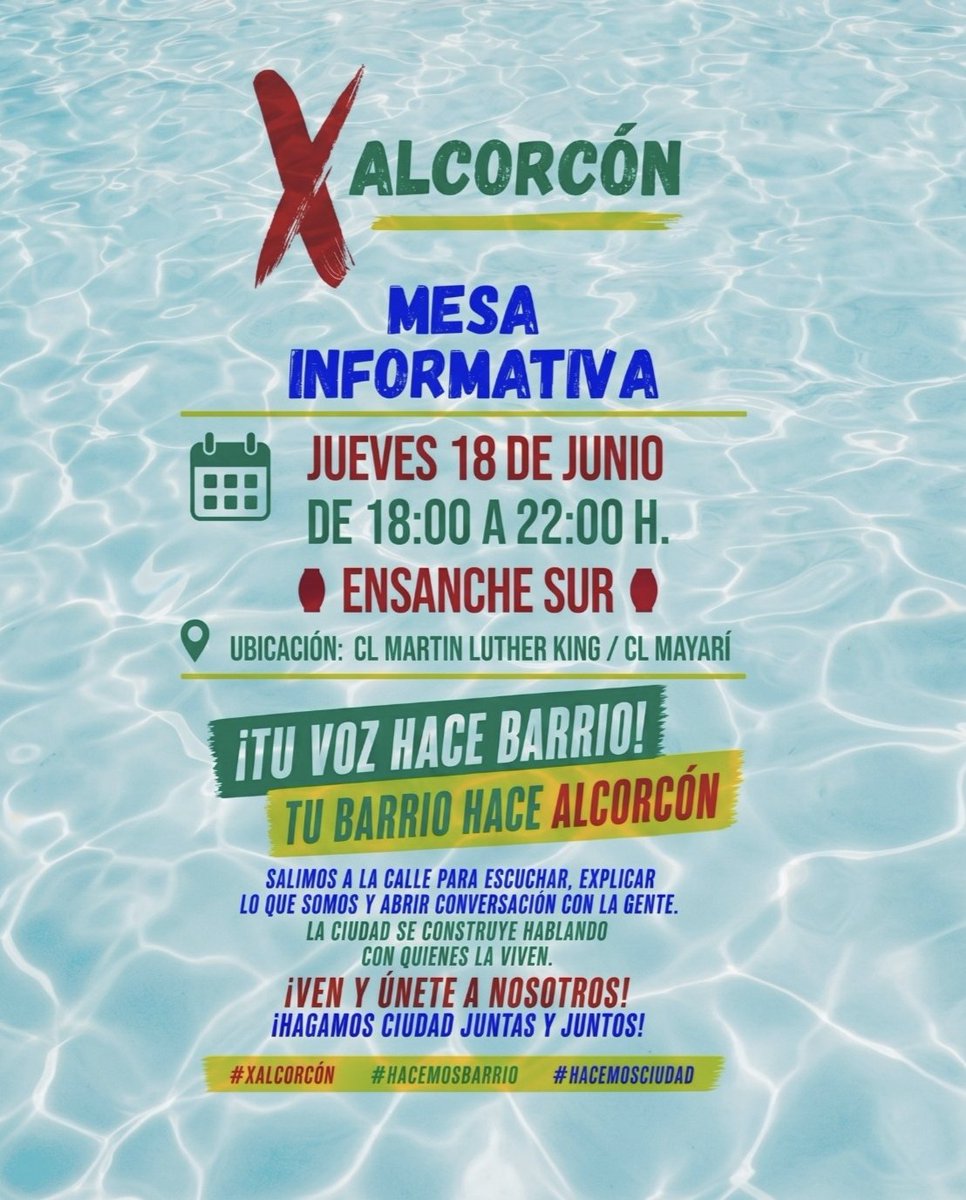 X_Alcorcon's tweet photo. 🔔 CAMBIAMOS LA FECHA DE NUESTRA MESA EN EL ENSANCHE

ℹ️ Estaremos en el Ensanche el próximo jueves 18 en el mismo horario.

📢 Esta tarde nos vemos en la Marcha del Orgullo de Alcorcón 2026 y en el izado de la bandera y el pregón 🏳‍🌈

#XAlcorcón #HacemosBarrio #HacemosCiudad https://t.co/qG0VMkO88M