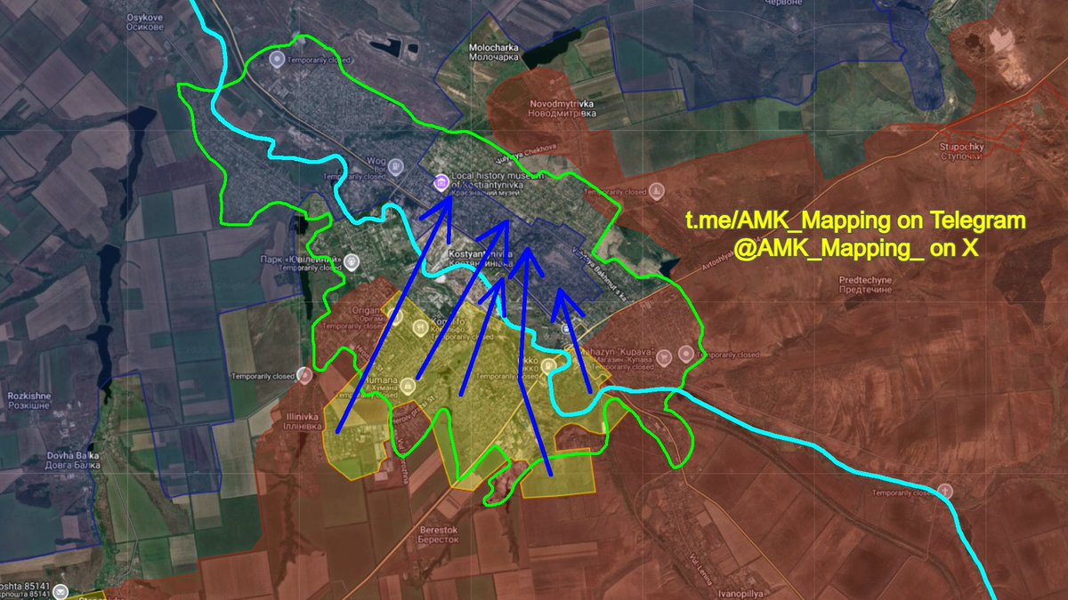 AMK_Mapping_'s tweet photo. A few days ago, due to the threat of encirclement, under complete media silence, Ukrainian forces initiated a full withdrawal from the southwestern and western parts of Kostyantynivka, across the Kryvyi Torets River. Special forces were deployed to the area north of this withdrawal zone to hold key withdrawal roads and repel Russian infiltrations. 

Since then, Russian forces have occupied most of the southwestern and western suburbs, which is why we saw that video with dozens of Russian flags going up. 

Currently, I can confirm Russian control over more than 40% of Kostyantynivka (not including grey-zones), however, in my opinion, it's likely that Russia now controls more than 50% of the city.