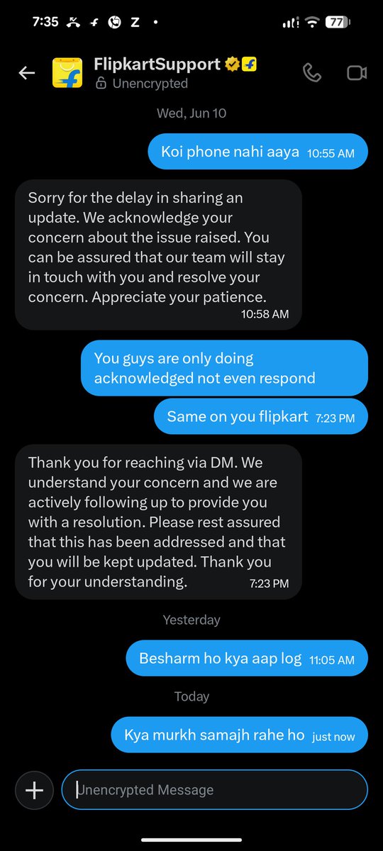 SHIVAM9810's tweet photo. @flipkartsupport @Flipkart pichle 4 din se inpe ek call nahi hua ek problem resolve nahi hue #pmoindia #myntra #AmazonIndia #snapdeal #zepto #swiggy https://t.co/6WAPB0Tscr