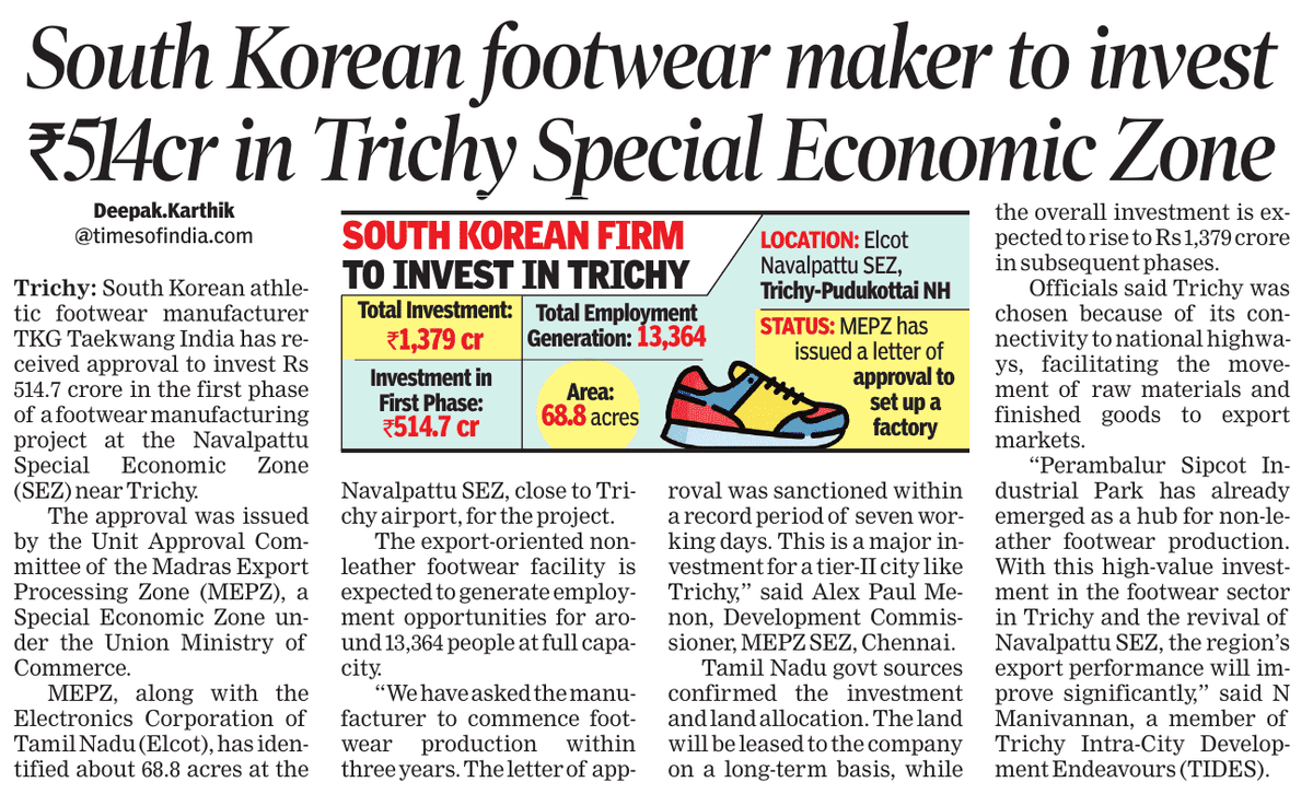 dkarthikTOI's tweet photo. South Korean footwear maker to invest ₹514 cr in #Trichy SEZ.
Huge investment, gradually the sum is expected to increase to Rs 1,379 crores, employing 13,364 people. Nike shoes are to be produced from Navalpattu. 
@timesofindia @mepz_sez @alexpaulmenon 
https://t.co/E9U9vBATgm https://t.co/1bvWXzgnbw