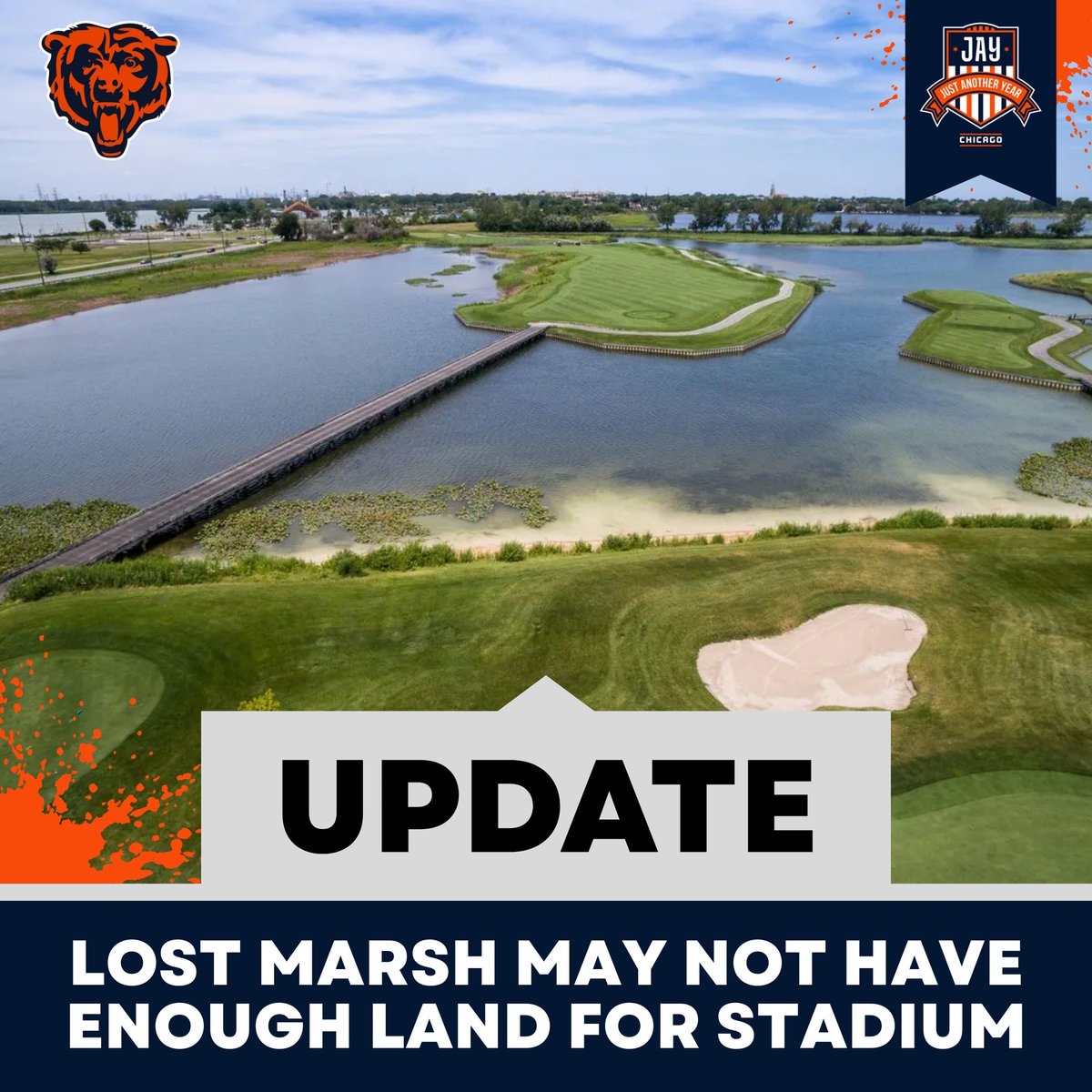 JAYChi_Bears's tweet photo. According to @paschutz of @nbcchicago, the proposed Lost Marsh site for The #Bears may not have enough space for a Bears stadium.

Records from the US Army Corps of Engineers states the land has a 50 year easement, which calls for no develops during that period within the 330 acre golf course. 

This means that the area would not be ready till the 2050's (Built in 2000's).

Still other sites in the area, but not good news for one of the proposed sites.