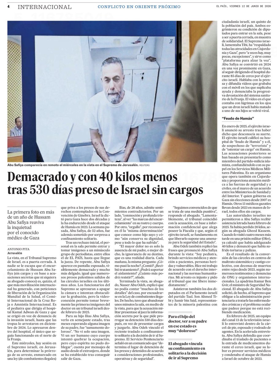 cleporati's tweet photo. “Soy pediatra, brindo servicios médicos y atención a pacientes, personas heridas y vulnerables. Hice mi trabajo de acuerdo con el derecho internacional y las normas humanitarias. Mi arresto es injusto y pido al tribunal que me libere inmediatamente”, son las palabras del conocido doctor Abu Safiya, detenido por #Israel en el único hospital q quedaba en #Gaza de pie, hace más de un año y sin saber de q se le acusa.