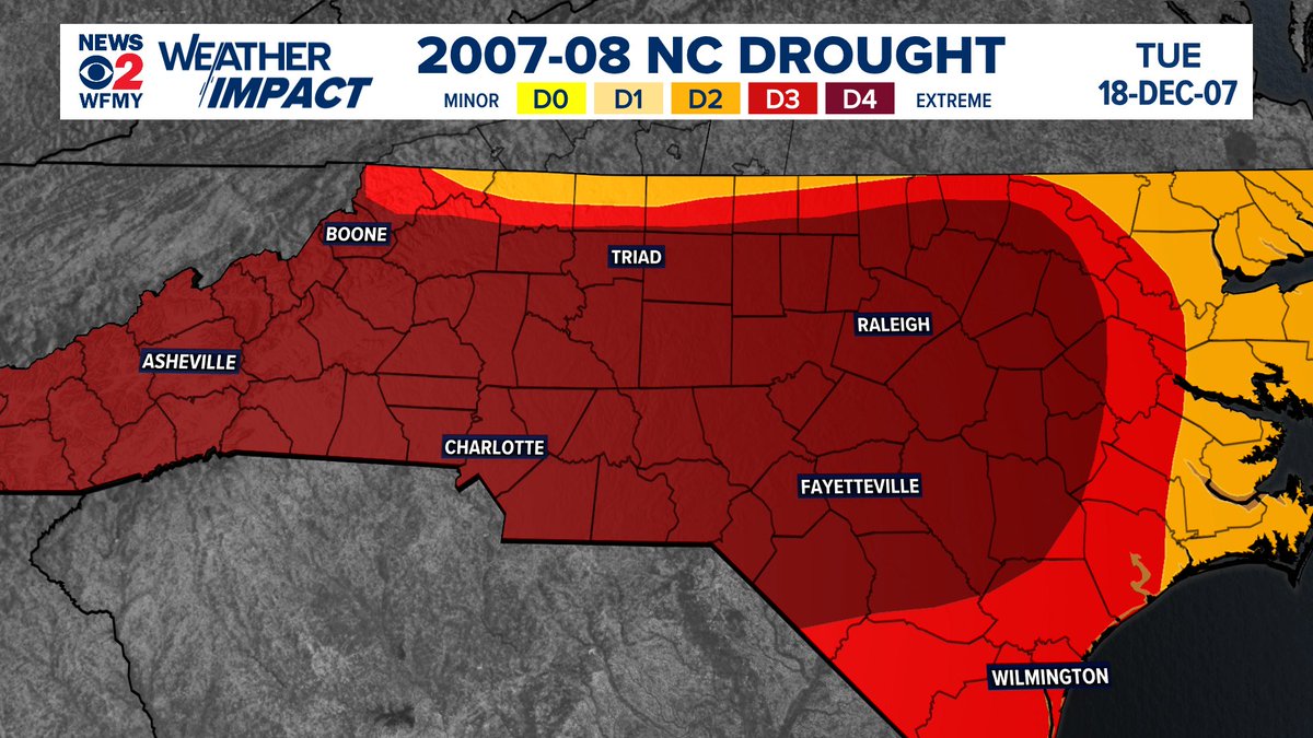 TimBuckleyWX's tweet photo. The last *really bad* drought in North Carolina. 
Over two-thirds of the state was in D4 drought, the worst category. 
It started in the Summer of 2007 and didn't fully clear up until the Fall of 2008. https://t.co/VtxhkRIAWe