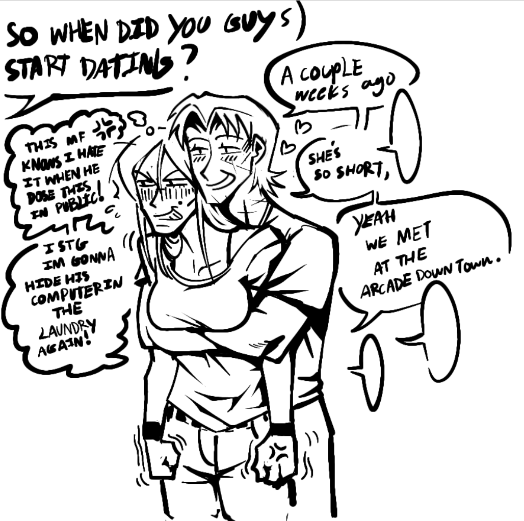 Rafgarn's tweet photo. There current day time dynamic.

Jason is very touchy, and while Rebecca dosen't mind PDA is still hard for her.

They often just walk around the park and scout out enemy territory listed by the boss. https://t.co/ybzgpeBmHB