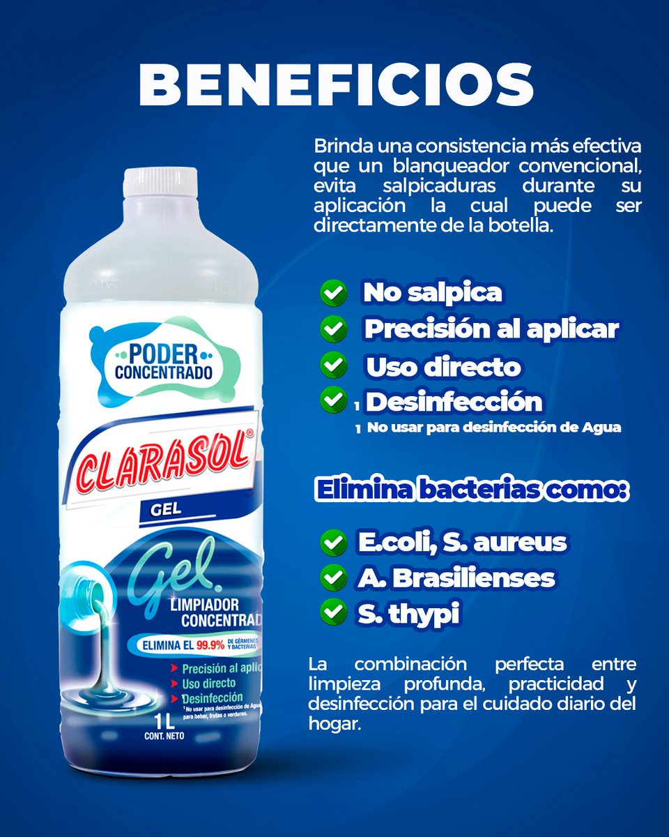 ClarasolMx's tweet photo. ¡El poder concentrado que tu hogar necesita!

Clarasol Gel elimina el 99.9% de gérmenes y bacterias con una sola aplicación. Su fórmula en gel te da precisión al aplicar, uso directo y desinfección profunda.
.
#ClarasolMx #ClarasolGel #Blanqueador #PoderConcentrado https://t.co/dmQrnaMOTk