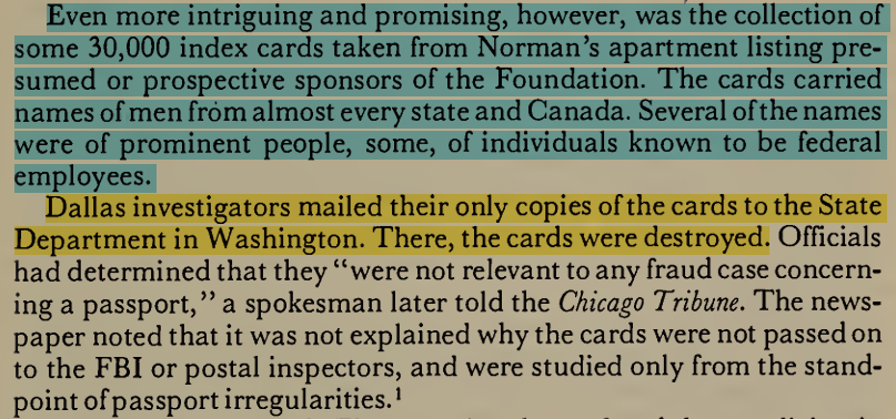toxictiramisu's tweet photo. Odyssey Foundation charged membership fees &amp; mailed catalogs w/ photos of children. After a raid on Norman's apt, police found about 30K index cards listing members, including prominent figures/federal workers. Dallas Investigators sent the evidence to DC, where it was destroyed. https://t.co/SDJcaiStPb