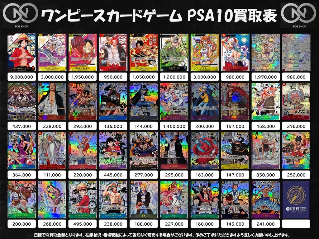 👑ワンピースPSA10買取表👑 シリアル＆コミパラ系の買取表となります