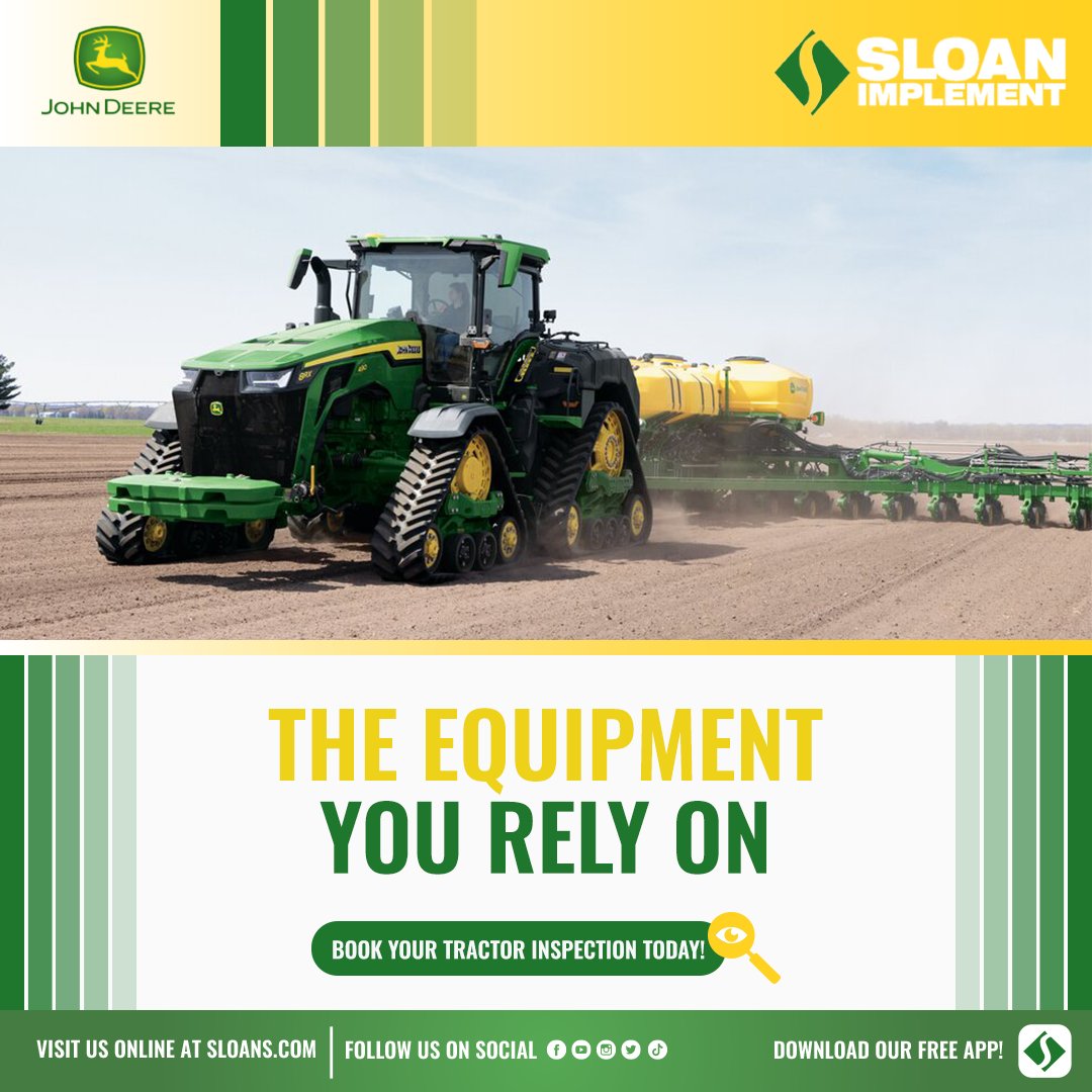 sloanimplement's tweet photo. The equipment you rely on deserves a closer look. Preventive maintenance reduces downtime and unexpected repairs. 

Schedule your tractor inspection now and stay ahead of any issues! Must sign up by July 31 to qualify.

#SloanImplement #TractorInspection #SummerService #AgParts https://t.co/zry3NE8lHs