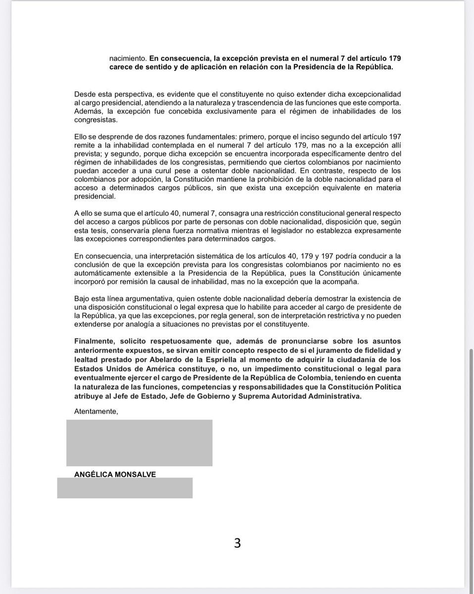 alazamo123's tweet photo. Mauricio, la inhabilidad es flagrante y taxativa, además es constitucional: 👇

En primer lugar, el numeral 7 del artículo 40 de la Constitución reconoce como derecho político el acceso al desempeño de funciones y cargos públicos, pero establece expresamente que dicho derecho se ejercerá “teniendo las condiciones que establecen la Constitución y la ley”. Entre esas condiciones se encuentra la prohibición constitucional relativa a la doble nacionalidad para determinados cargos de alta responsabilidad estatal.

En segundo lugar, el inciso segundo del artículo 197 de la Constitución dispone que no podrá ser elegido Presidente de la República quien incurra en las causales de inhabilidad previstas en los numerales 1, 4 y 7 del artículo 179 constitucional. La remisión efectuada por el artículo 197 es expresa y taxativa respecto de la causal de inhabilidad contenida en el numeral 7 del artículo 179.

Ahora bien, el numeral 7 del artículo 179 contiene dos elementos normativos distintos: (i) una regla general de inhabilidad consistente en que no podrán ser congresistas quienes tengan doble nacionalidad, y (ii) una excepción específica para los colombianos por nacimiento. La remisión realizada por el artículo 197 debe entenderse referida a la causal de inhabilidad, mas no necesariamente a la excepción diseñada exclusivamente para el acceso al Congreso de la República.

Lo anterior obedece a un principio elemental de interpretación constitucional: las excepciones son de interpretación restrictiva y no admiten aplicación analógica. Si el Constituyente hubiese querido extender expresamente la excepción prevista para los congresistas al cargo de Presidente de la República, así lo habría señalado de manera inequívoca en el artículo 197. Sin embargo, guardó silencio sobre ese punto.

En consecuencia, no resulta jurídicamente admisible trasladar por analogía una excepción prevista para un cargo de elección popular —el de congresista— a otro cargo constitucional distinto —el de Presidente de la República—, especialmente cuando se trata de una excepción a una prohibición constitucional.

Adicionalmente, las disposiciones contenidas en los artículos 34 y 35 de la Ley 2332 de 2023 no pueden ampliar ni modificar el alcance de las normas constitucionales. La ley está subordinada a la Constitución y, por tanto, carece de competencia para extender excepciones constitucionales a supuestos no previstos expresamente por el Constituyente. Menos aún puede una norma legal servir de fundamento para restringir o alterar el alcance de una inhabilidad establecida directamente por la Constitución.

Por ello, la discusión jurídica no consiste en determinar si existe una ley que mencione o no al Presidente de la República dentro de determinadas excepciones, sino en establecer si la excepción prevista en el numeral 7 del artículo 179 fue constitucionalmente extendida al cargo presidencial. Y la respuesta, desde una interpretación literal, sistemática y restrictiva de las excepciones constitucionales, es que dicha extensión no fue prevista por el Constituyente.

En consecuencia, el artículo 197 remite a la prohibición contenida en el numeral 7 del artículo 179, pero no autoriza la incorporación automática de la excepción allí prevista para los colombianos por nacimiento, razón por la cual la aplicación analógica de dicha excepción al cargo de Presidente de la República resulta constitucionalmente cuestionable.