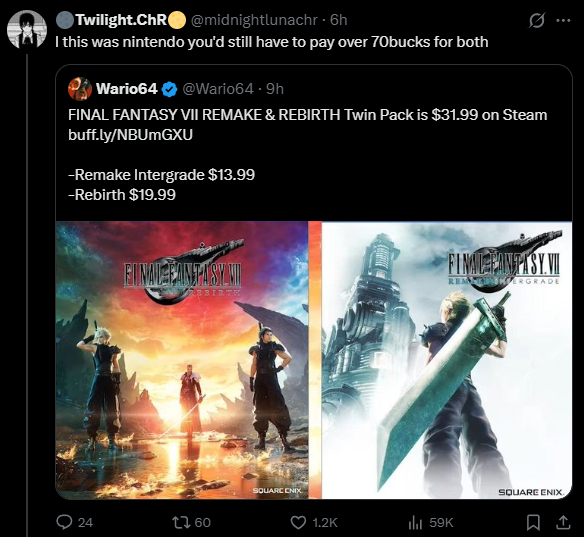 MultipleMerlin's tweet photo. @itsdeehar @midnightlunachr What about this tweet at face value says she's talking specifically about Nintendo games and not about ff7 https://t.co/o4QFOjZiNR