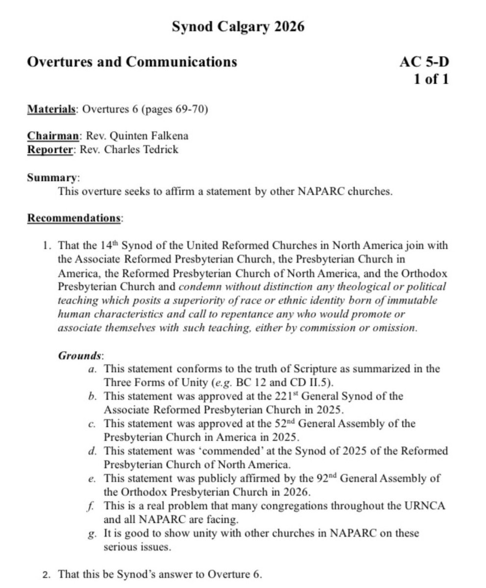 DanielRHyde's tweet photo. Latest from #URCNA Synod

We’ve passed this simple statement in solidarity with the Associate Reformed Presbyterian Church, Presbyterian Church in America, Reformed Presbyterian Church of North America, & Orthodox Presbyterian Church

Our Christian Reformed/Gereformeerde forefathers already did this generations ago

Study committee also formed to provide pastoral advice, which will report to Synod 2028