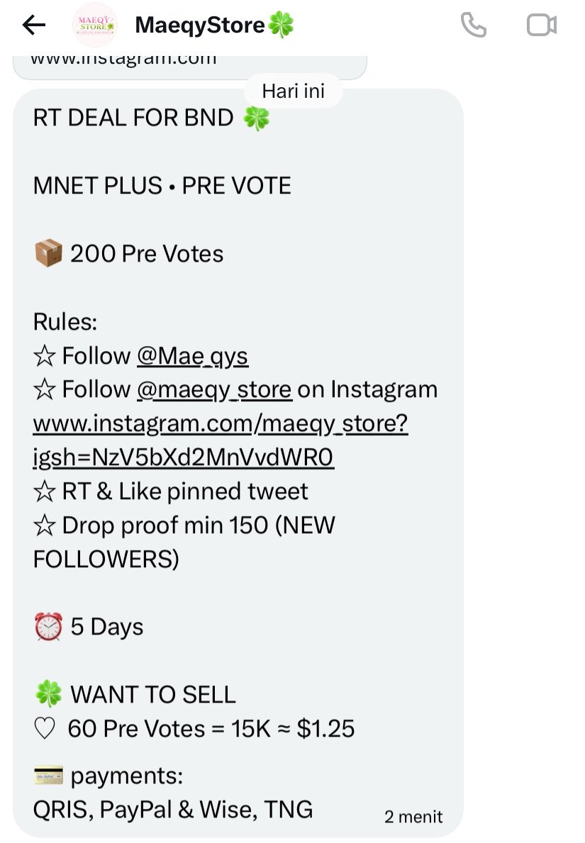 0412jhyn__'s tweet photo. RT DEAL FOR BND 🍀

MNET PLUS • PRE VOTE 

📦 200 Pre Votes 

Rules:
☆ Follow @Mae_qys
☆ Follow @maeqy_store on Instagram https://t.co/ohkOywrHBc
☆ RT & Like pinned tweet
☆ Drop proof min 150 (NEW FOLLOWERS)

⏰ 5 Days

🍀 WANT TO SELL
♡  60 Pre Votes = 15K ≈ $1.25
💳 payments:
QRIS, PayPal & Wise, TNG