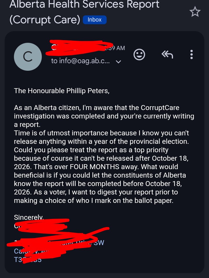 Rorschached99's tweet photo. Albertan! Send an email to Alberta's Auditor General &amp; request release of the AHS report ASAP. It needs to be released prior to October 18th because provincial law prohibits its release within one year of an election. 
My poor example below. ⬇️

@AB_Resistance 
#ForeverCanadian https://t.co/p7krR4Zr1K