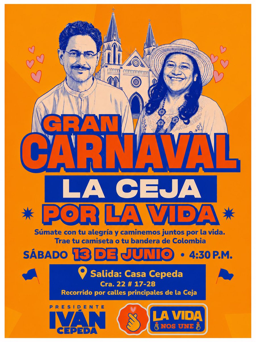 PactoCeja's tweet photo. Este sábado #laceja sale a celebrar todo lo que nos une.
La alegría de ser colombianos.
La riqueza de nuestra diversidad.
La fuerza de nuestras comunidades.
La belleza de nuestra tierra.
La dignidad de la vida en todas sus formas.
🫰🇨🇴 Súmate al GRAN CARNAVAL LA CEJA POR LA VIDA https://t.co/eU7uTgnJoH