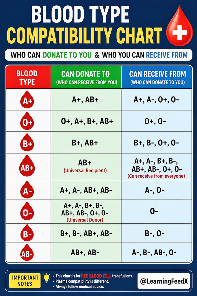 LearningFeedX's tweet photo. 🩸 Blood Type Compatibility Chart https://t.co/sDa0tslYMd