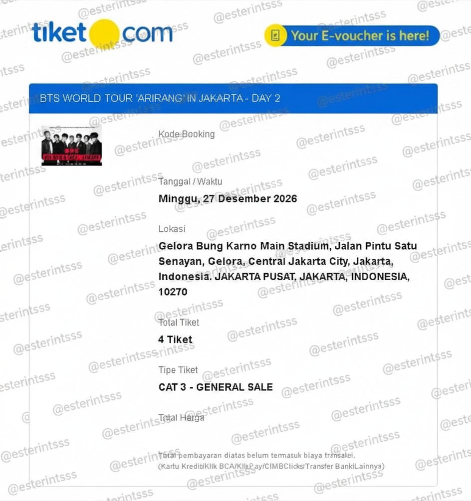 mickeyboluu's tweet photo. @FarahdinaPutri @cuptaecakes WTS CAT 3 DAY2 MINGGU 27 DES 2026  
2 TICKET - GENERAL SALE

⚡️OPEN BID ⚡️
Siapa cepat dan highest big dia dapet my💜

E- vouche tiket/.com
Ready proof&amp; detail booking
COD venue wrist band 

DM IG @/esterintsss
Via WA 0856-0898-9904

#ARIRANG_TOUR_JAKARTA
#BTS_ARİRANG
#Army https://t.co/2HmUiFD1UV