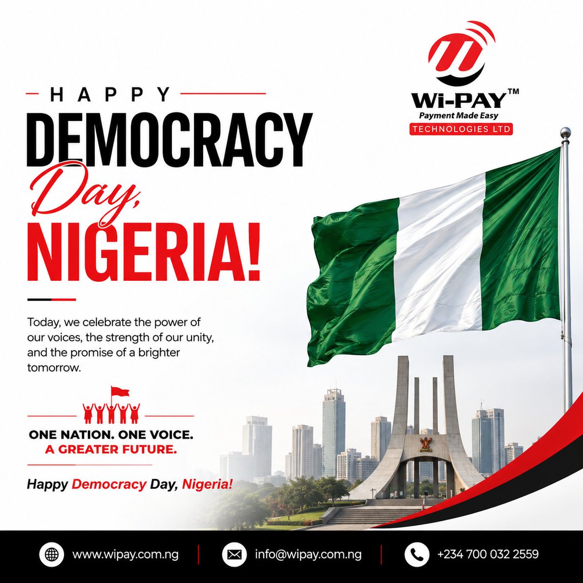 WiPAY_NG's tweet photo. Today, as we honour &amp; celebrate the resilience of our voices as a people &amp; a nation. 

May we begin to uphold the principles of democracy and work together towards building a nation where peace, justice, and prosperity thrive. 

#Saynotobadgovernance #INEC #DemocracyDay #Nigeria https://t.co/CfihJtmsIb