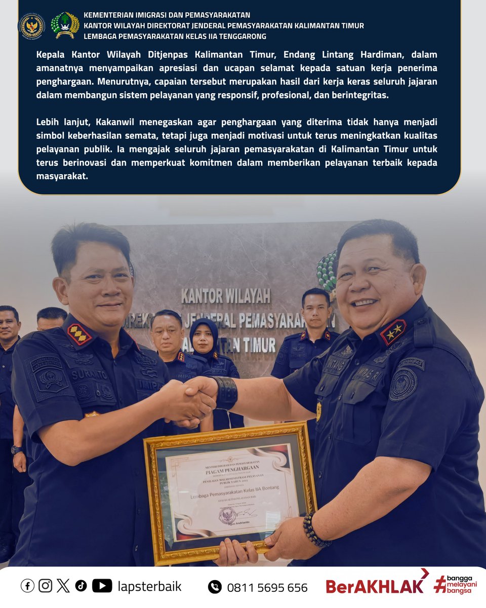 lapsterbaik's tweet photo. Kalapas Kelas IIA Tenggarong menghadiri Penyerahan Piagam Penghargaan Penilaian Maladministrasi Pelayanan Publik Tahun 2025 di lingkungan Kanwil Ditjenpas Kaltim. https://t.co/tEPglegdJB