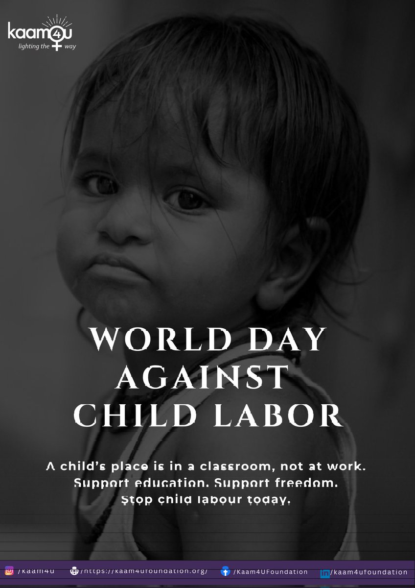 Kaam4uF's tweet photo. A child's place is in a classroom, on a playground, and in a loving environment—not at work.

This World Day Against Child Labour, let's raise our voices for every child's right to education, safety, and a brighter future.

#WorldDayAgainstChildLabour #EndChildLabour #Kaam4U https://t.co/Ly0YOdTrcI