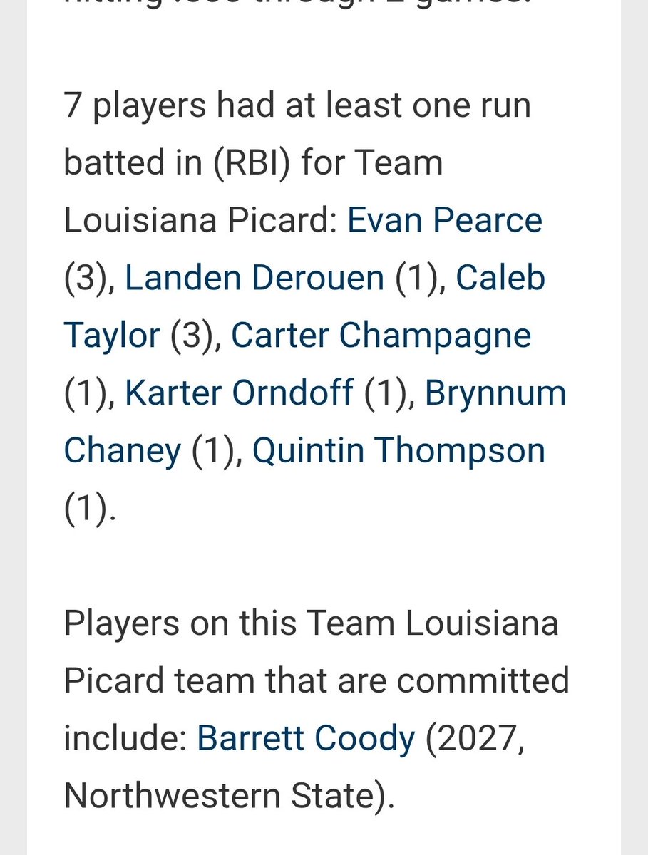 team_louisiana's tweet photo. Team Louisiana Picard moves to 2-0 in the UBC with a 11-7 win over Banditos Scout Team. @SebastianR166 of ARCA got the on the mound while it was a great job up and down the lineup w 10 hits led by @EvanPearce6186 of Rosepine as he went 3-4 with a Double and a HR. https://t.co/JtNUeVa2oE