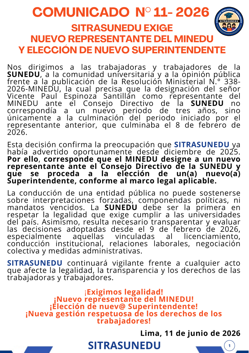 SITRASUNEDU's tweet photo. 🚨¡A LA OPINIÓN PÚBLICA!
Tras la decisión adoptada por el @MineduPeru, corresponde que designe a su nuevo representante ante el Consejo Directivo de la @SuneduPeru y que, conforme al marco legal aplicable, se proceda a la elección de un(a) nuevo(a) Superintendente https://t.co/7sErXE9C8h