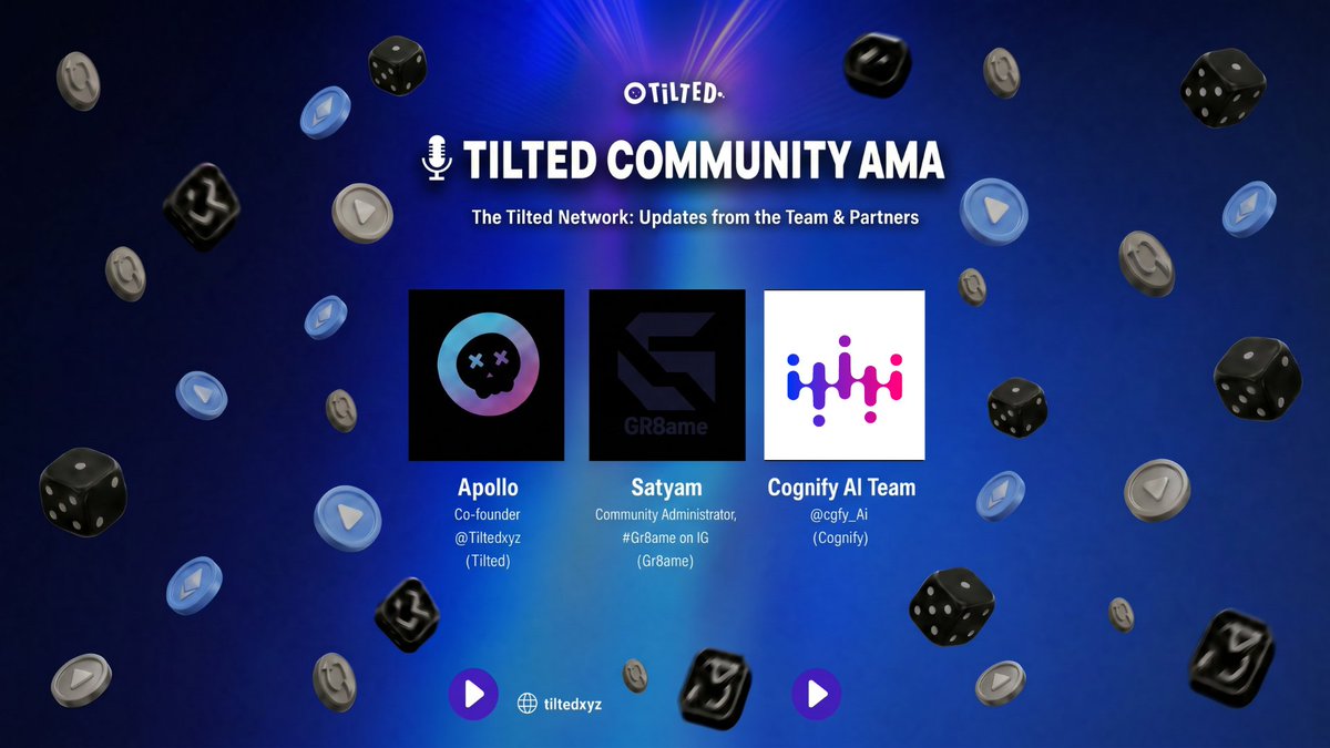 tiltedxyz's tweet photo. 🎙️ TILTED COMMUNITY AMA

The Tilted Network: Updates from the Team & Partners

Straight from the builders — where Tilted is today, where partners are plugging in, and what's next.

🗓 June 12⏰ 8AM UTC
📍 Tilted Discord https://t.co/5NgyCSXLgM
🔥 Host:
• Apollo — Co-founder @Tiltedxyz (Tilted)
🔥 Speakers:
• @cgfy_Ai team (Cognify) 
• Satyam — Community Administrator, #Gr8ame on IG (Gr8ame)

📌 What we're covering:
• Latest updates from the Tilted team 
• Where Cognify is building and how it ties into the network 
• Honest signals: what's shipping, what we're learning 
• Open Q&A — bring your sharpest questions

Set your reminder ⤵️