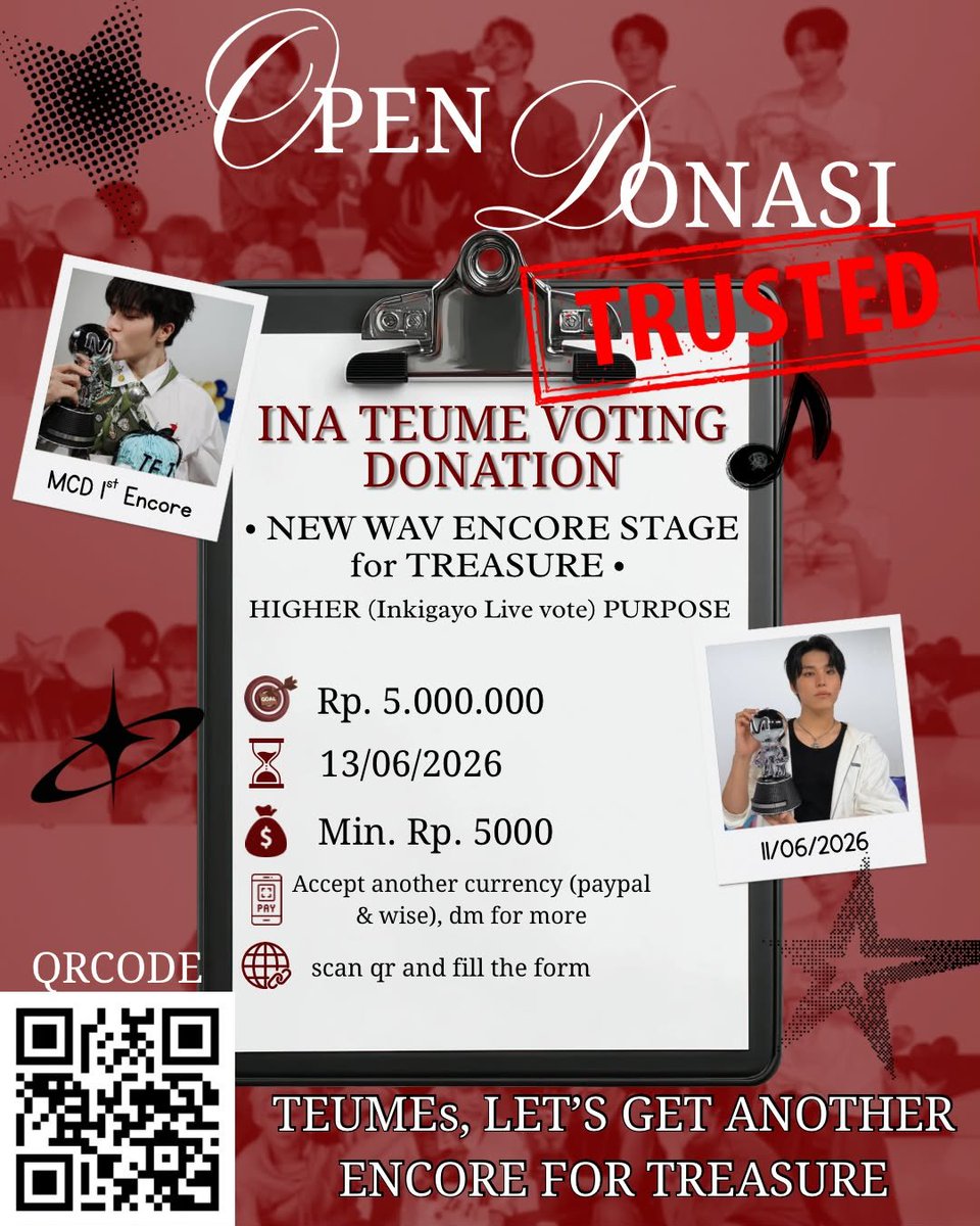 treasurecore10's tweet photo. 📣 INATEUME VOTING DONATION‼️

‼️ HELP RT &amp; SHARE ‼️
—NEW WAV ENCORE STAGE FOR #TREASURE—

🎯 1,500,000 / 5,000,000 (higher)
⏳ 13/6

💰 minimal IDR 5,000
✅ QRIS/Dana
Note: accept another qurency (paypal, wise) please dm

🔗 https://t.co/GfOkmLa4E6
📞 @treasurecore10 https://t.co/CnLdWkfR4T