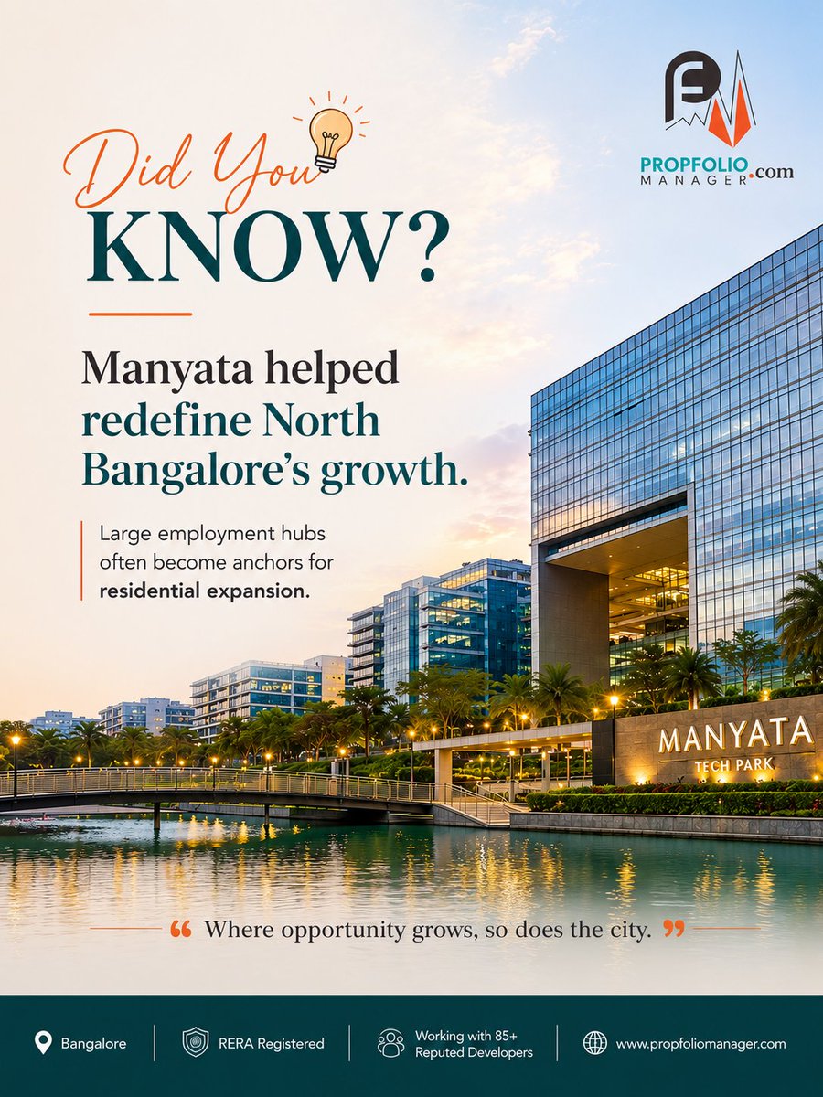 PropFolioMgr's tweet photo. Bangalore Trivia

Manyata Tech Park helped redefine North Bangalore's growth. As one of the city's major employment hubs, it has fueled residential demand, infrastructure development, and long-term real estate growth across the region. 

Contact us for real estate opportunities. https://t.co/sAJRVeXL6a