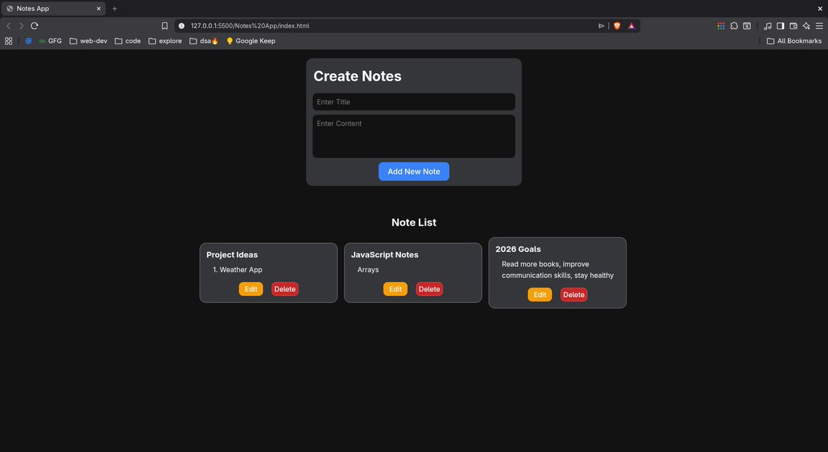 anmolbhagat_dev's tweet photo. Project: Notes App

What I have learnt from this project:
   1. DOM Manipulations
   2. HTML, CSS, and JavaScript
   3. CRUD application (Create, Read, Update, Delete) https://t.co/kRWswNc5Wn