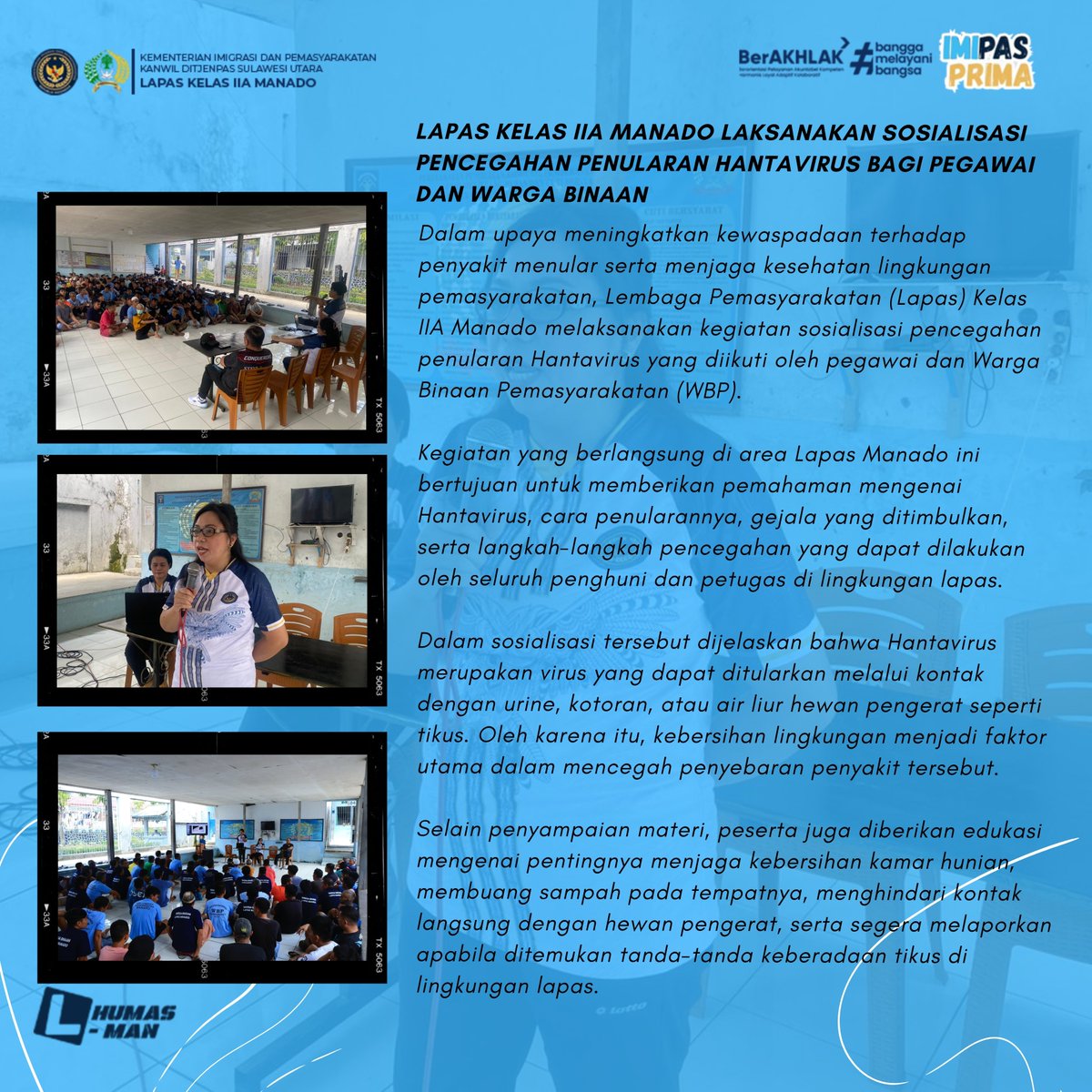 lapas_manado's tweet photo. LAPAS KELAS IIA MANADO LAKSANAKAN SOSIALISASI PENCEGAHAN PENULARAN HANTAVIRUS BAGI PEGAWAI DAN WARGA BINAAN

#Kemenimipas
#pemasyarakatan
#ditjenpas
#lapasmanado https://t.co/fcw9rPFFKL
