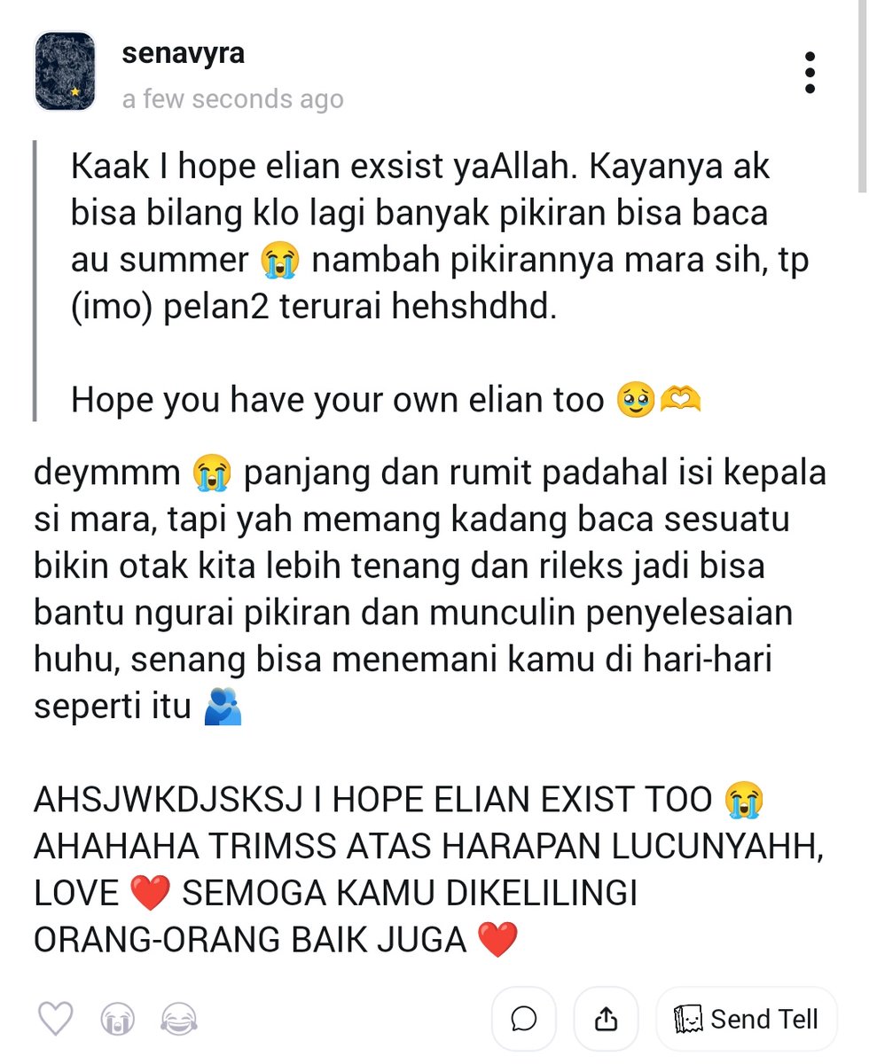 orbitmasa's tweet photo. ❓ Kaak I hope elian exsist yaAllah. Kayanya ak bisa bilang klo lagi banyak pikiran bisa baca au summer 😭 nambah pikirannya mara sih, tp (imo) pelan2 terurai ...
💬 deymmm 😭 panjang dan rumit padahal isi kepala si mara, tapi yah memang kada... #tellonym  https://t.co/w9ltmlyaaQ https://t.co/JRxEIBz6ng