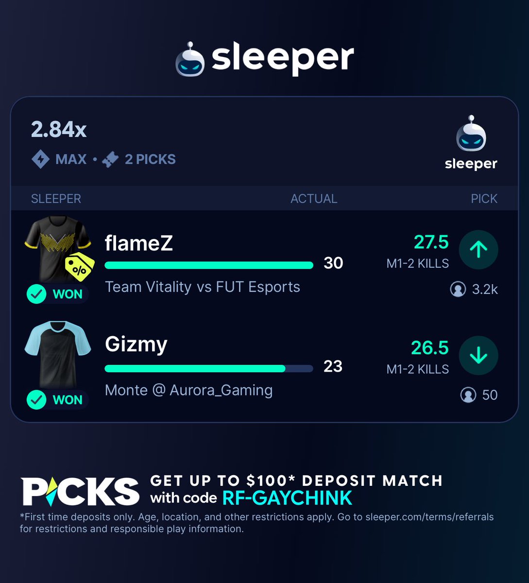 gummy2k's tweet photo. sleeper cs2 🧹

flameZ discount ✅
sh1ro discount ✅
gizmy U 26.5 ✅
bymas U 27.5 ✅
makazzs U 29.5 ✅☢️
stom4k U 31.5 ✅
donk U 25.5 HS ✅ https://t.co/bdIuoQaMoT