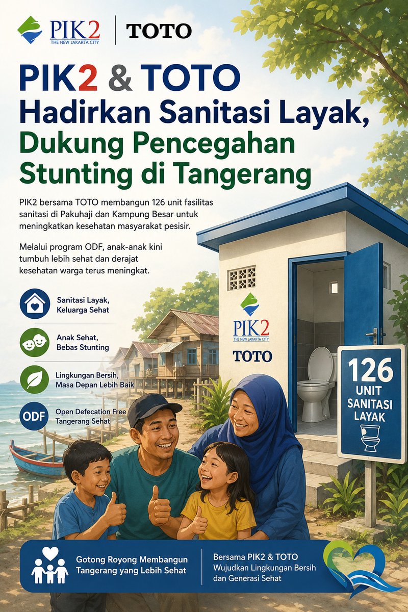 thefizkiestOXwi's tweet photo. Info penting buat warga Tangerang! PIK2 x TOTO beneran satset ngebangun 126 toilet &amp; sanitasi layak di Pakuhaji (71 unit) &amp; Kampung Besar (55 unit).
No more pusing mikirin lingkungan kotor! Sekarang anak-anak bisa diajarin hidup bersih dengan gampang buat cegah stunting https://t.co/7N2r5wdbXQ