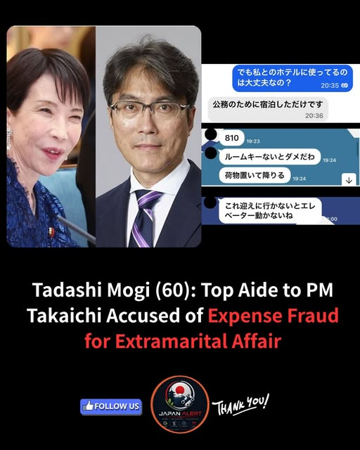 AllInOneJapan's tweet photo. TOKYO: A major political scandal is rocking the administration of Prime Minister Sanae Takaichi. Tadashi Mogi (60), the Chief Secretary to the Chief Cabinet Secretary and a close confidant of the Prime Minister, faces severe allegations of routinely using taxpayer-funded business trips to host his mistress.

According to an investigative report by the monthly magazine Bungeishunju, the misconduct occurred while Mogi was serving as the Chief International Exhibition Coordinator for the Osaka-Kansai Expo.

Double Occupancy on the Public Dime

The investigation, backed by testimonies from the mistress, photographs, and extensive LINE chat logs, reveals that Motegi brought his partner to his state-funded hotel rooms in Osaka on at least five separate occasions.
To avoid financial oversight, Mogi reportedly bypassed hotel front desks to keep her name off the official guest registry. This allowed him to effectively utilize a room paid for by public funds as a double-occupancy suite while only accounting for a single traveler.

Legal Violations and Information Leaks

Legal experts state that Mogi's actions likely violate Article 99 of the National Public Service Act, which strictly prohibits civil servants from engaging in activities that bring discredit upon the civil service.
Beyond financial misappropriation, the scandal carries national security implications. Mogi is also suspected of leaking various operational secrets regarding the Expo to his mistress via chat applications, sometimes directly from his desk inside the Prime Minister's Official Residence (Kantei) during active working hours.

Government Response

When pressed for comments, Mogi ignored direct inquiries, and the Cabinet Affairs Office declined to respond. The Ministry of Economy, Trade, and Industry (METI) confirmed that Motegi made dozens of business trips to Osaka for Expo duties but remained silent on whether an official internal investigation would be launched.
#JapanPolitics #PoliticalScandal #Bungeishunju #Takaichi
-------------------------------------
Thank you everyone for reading!
If you want to stay updated with the latest and hottest news from Japan, please don't forget to:
👉 Like and Share
👉 FOLLOW 
Thank you so much for your support!
