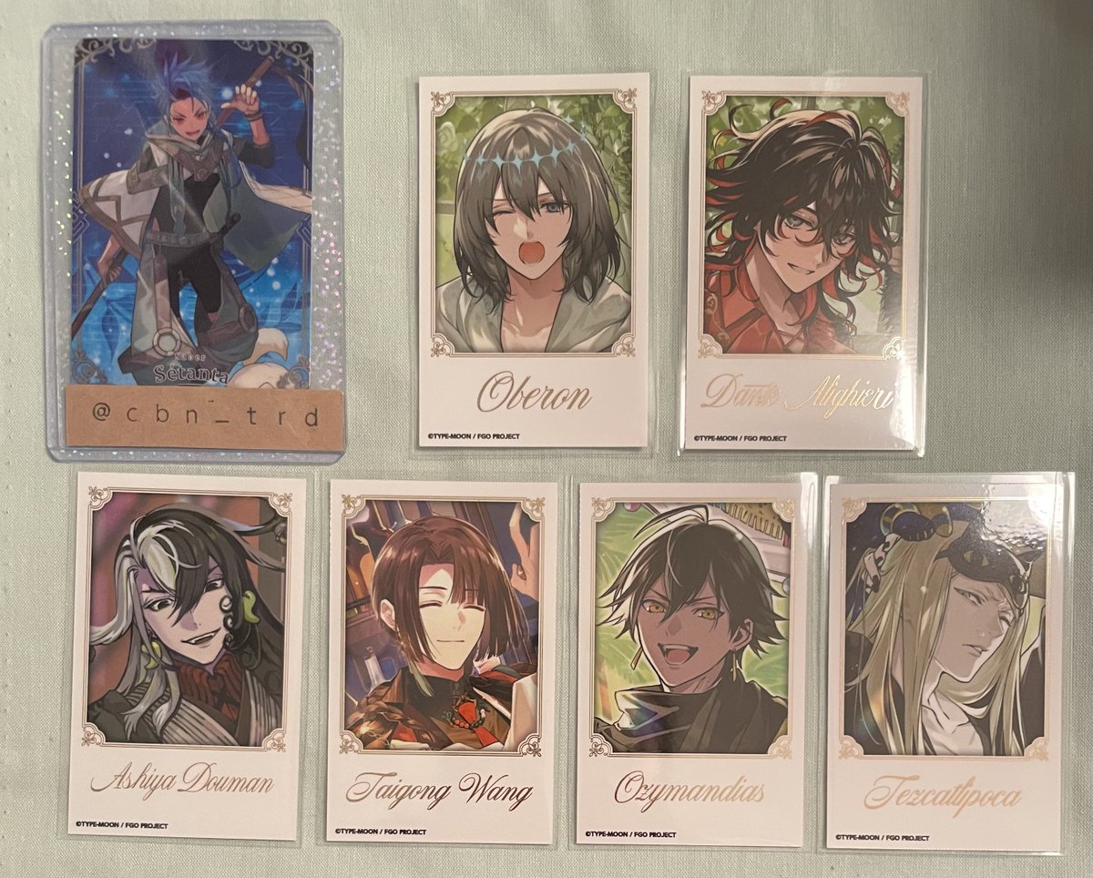 cbn_trd's tweet photo. 【譲渡】FGO ホテルコラボ チェキカード

譲…オベロン、ダンテ、道満、太公望、オジマンディアス、テスカトリポカ
求…定価＋送料

上段は下段複数含むお迎えをお願いします。下段は単��譲渡可能。ダンテは迷っているため好条件の場合のみ譲渡可能といたします。検索からでもお気軽にお声がけ下さい🙇‍♀️ https://t.co/tIsv5oRFlE