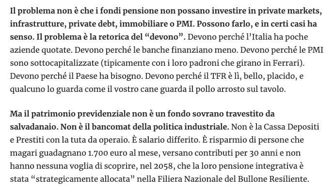 Phastidio's tweet photo. Nuovo capolavoro di @LieraMarco sulla nuova mistica nazional-popolare. Tema su cui da anni scrivo le stesse cose. Tutto da leggere. 

Che due palle gli inviti ai fondi pensione a investire nell'"economia reale" https://t.co/69fWzIQSIp https://t.co/EAC2aVJwah
