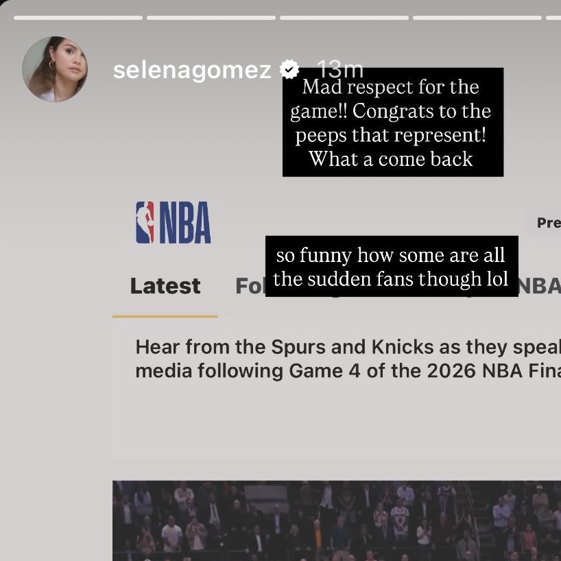 PriimePop's tweet photo. Selena Gomez on Instagram story after the Knicks game:

“so funny how some are all the sudden fans though lol” https://t.co/UsuKvivr9l