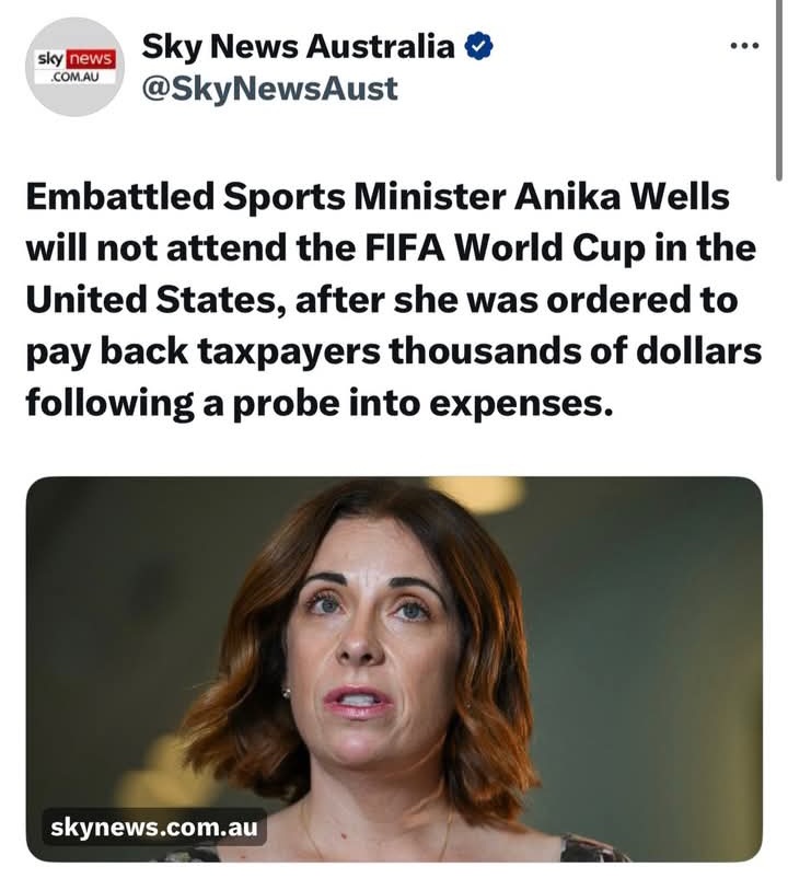 JimThom90458694's tweet photo. Anika Wells will reportedly skip the FIFA World Cup in the United States after being ordered to repay $10,116.11 in taxpayer-funded travel expenses, including a 25 per cent penalty, following an Independent Parliamentary Expenses Authority audit that found four family travel claims did not comply with the rules.

This is the same Labor minister whose travel expenses have already put her under sustained scrutiny, including the high-cost New York trip, family travel, sporting events and taxpayer-funded movements that ordinary Australians would never dream of billing to the public. Now the Sports Minister is not going to the world’s biggest sporting event because the optics are too toxic even for this government.

Labor keeps telling Australians to tighten their belts while its own ministers treat the public purse like a travel account with a press secretary attached. Wells says the mistakes were not intentional and Albanese has backed her, but voters are entitled to ask why a cabinet minister needed an audit and a repayment order before the bill was corrected.

The standard is always different for the political class. If ordinary Australians get something wrong with the ATO, Centrelink or a government form, they are chased, fined and lectured. When a Labor minister gets caught out on travel claims, she pays it back, says sorry, keeps the job and the Prime Minister calls her a “very good minister.”

Subscribe: www.theyarn.wire
